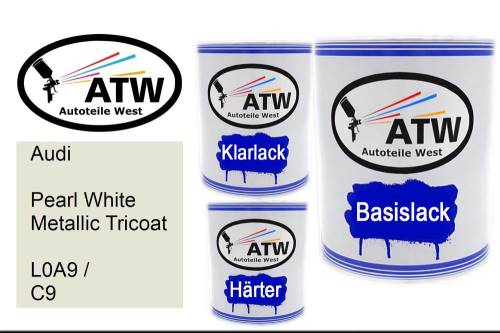 Audi, Pearl White Metallic Tricoat, L0A9 / C9: 1L Lackdose + 1L Klarlack + 500ml Härter - Set, von ATW Autoteile West.